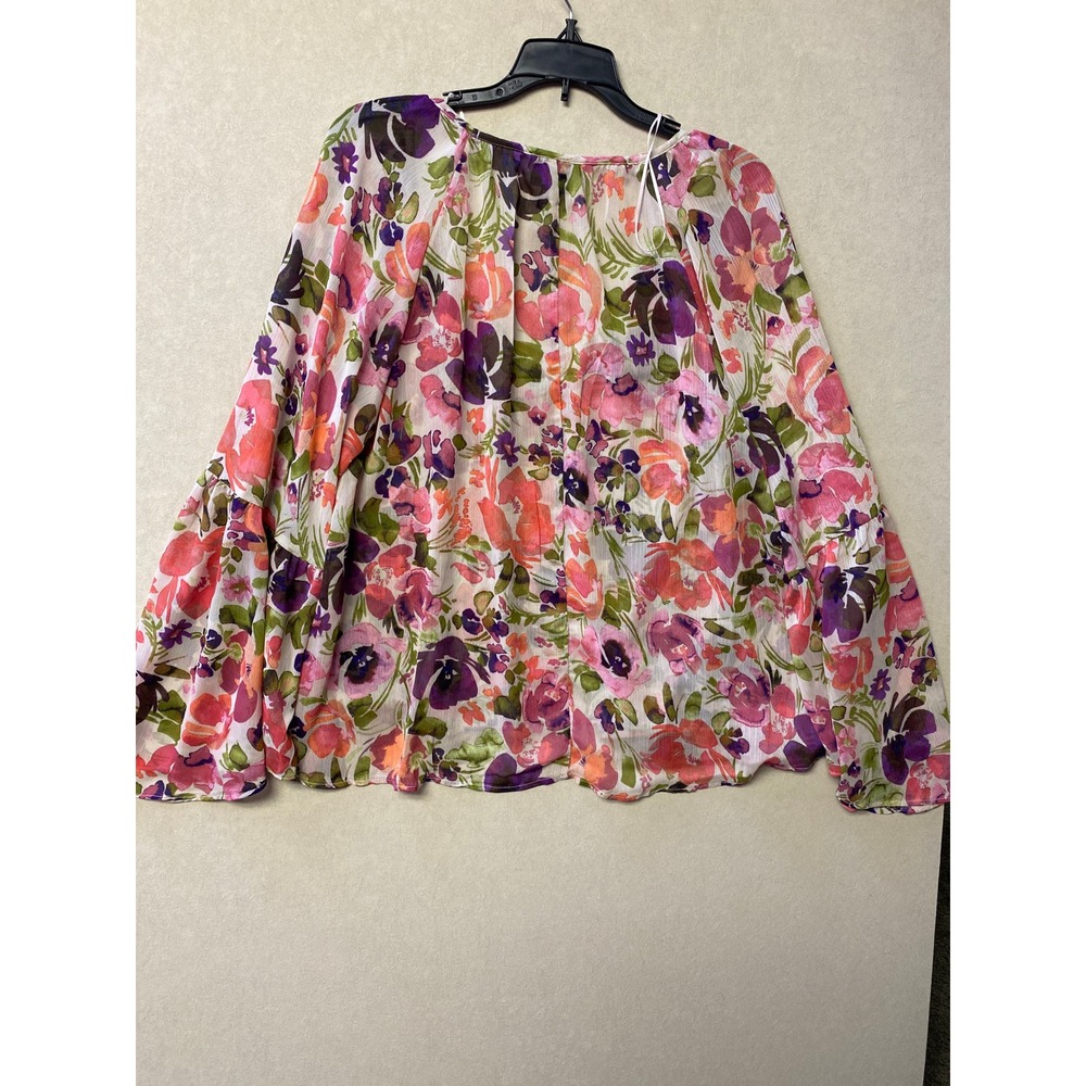 Scoop Womens Floral Sheer Chiffon Bell Sleeve Top Pink Purple Size M